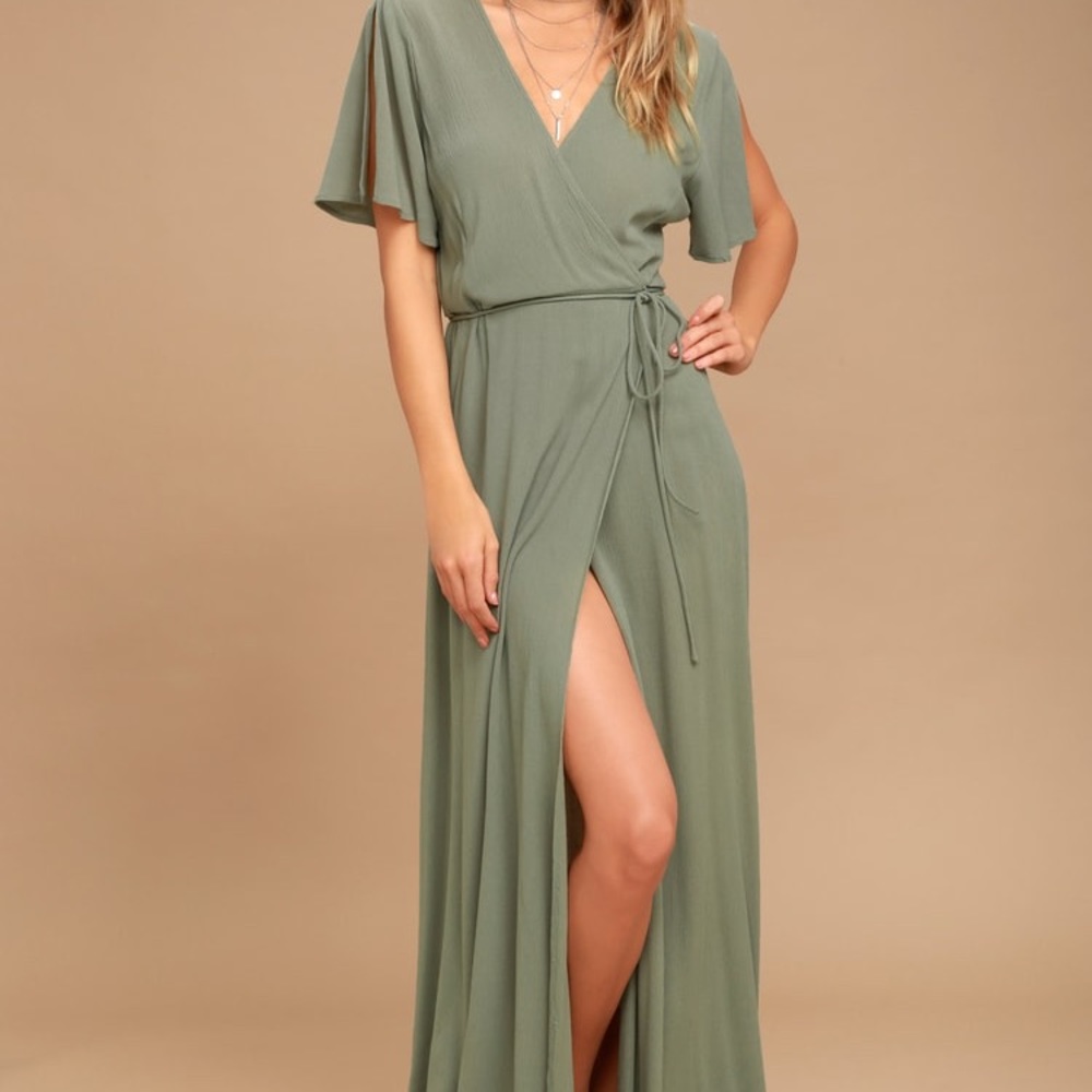 NWT Lulus Washed Olive Green Wrap Maxi Dress